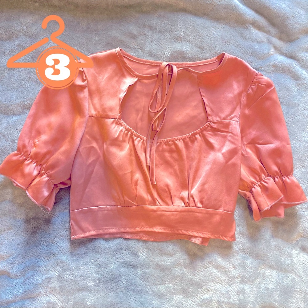Peachy Mauve Satin Crop Top, Size Small, Puff Sleeve, Tie Front